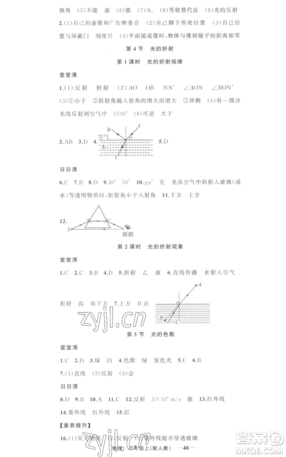 新疆青少年出版社2022四清導(dǎo)航八年級上冊物理人教版參考答案