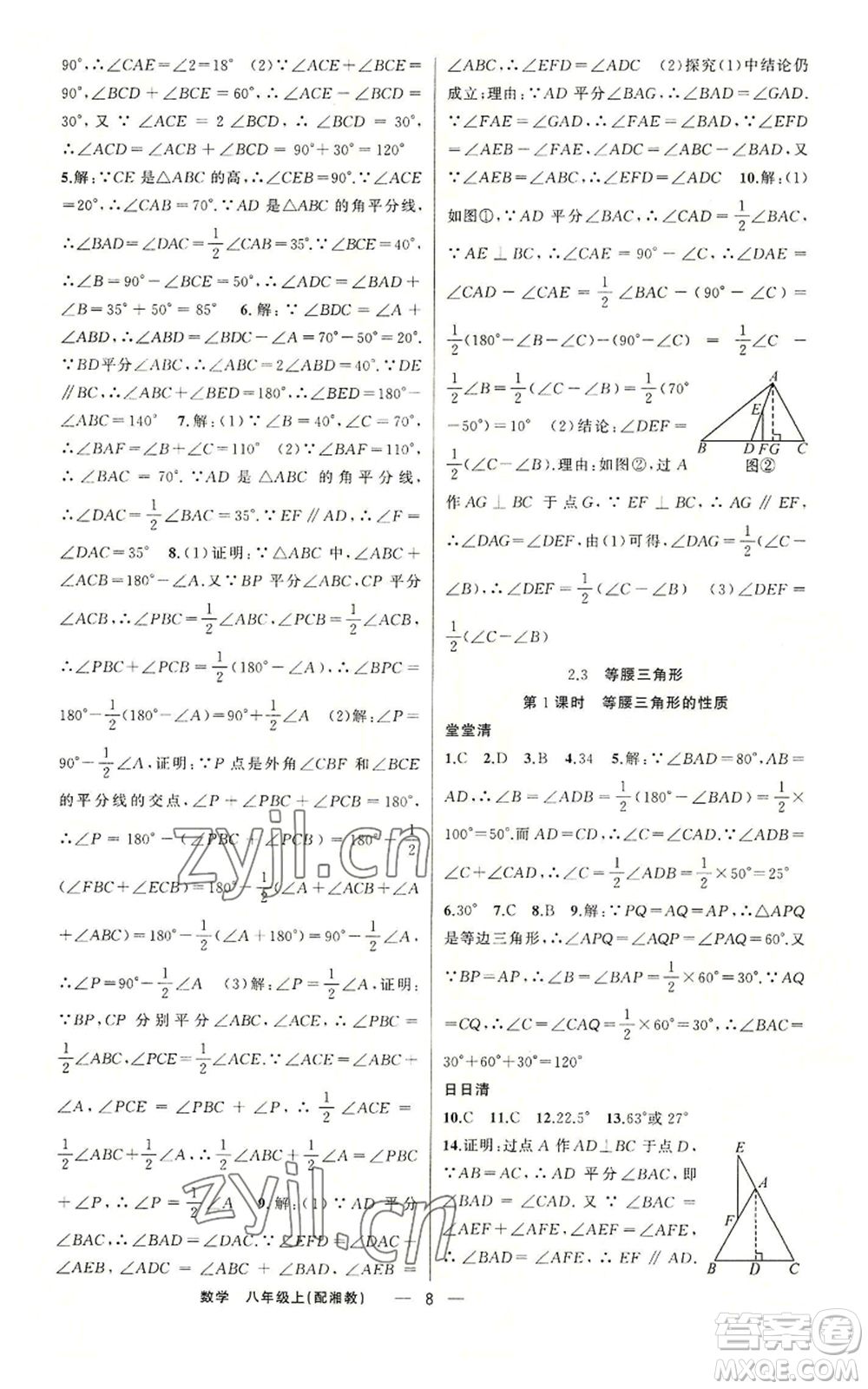 新疆青少年出版社2022四清導(dǎo)航八年級(jí)上冊(cè)數(shù)學(xué)湘教版參考答案