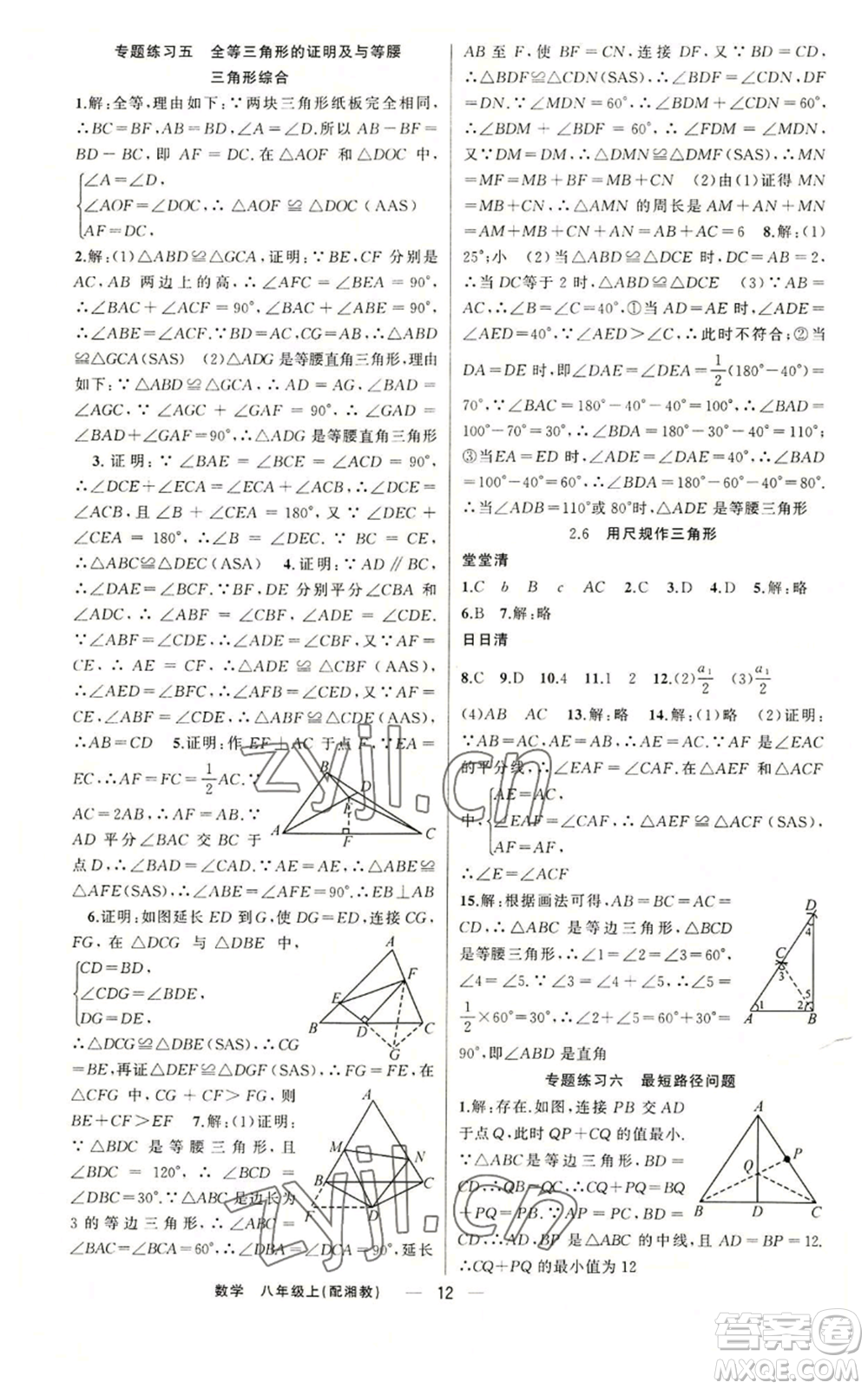 新疆青少年出版社2022四清導(dǎo)航八年級(jí)上冊(cè)數(shù)學(xué)湘教版參考答案