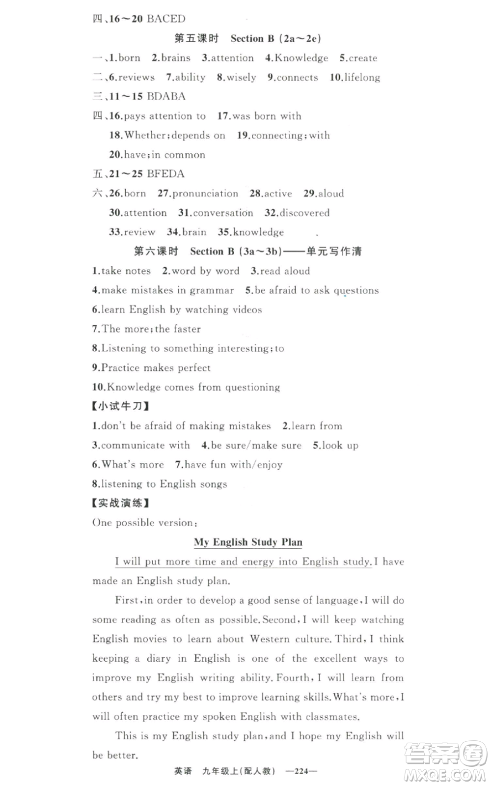 新疆青少年出版社2022四清導(dǎo)航九年級上冊英語人教版參考答案