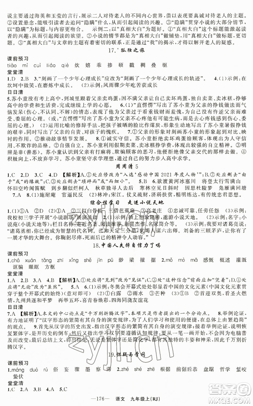 新疆青少年出版社2022四清導(dǎo)航九年級(jí)上冊(cè)語(yǔ)文人教版參考答案