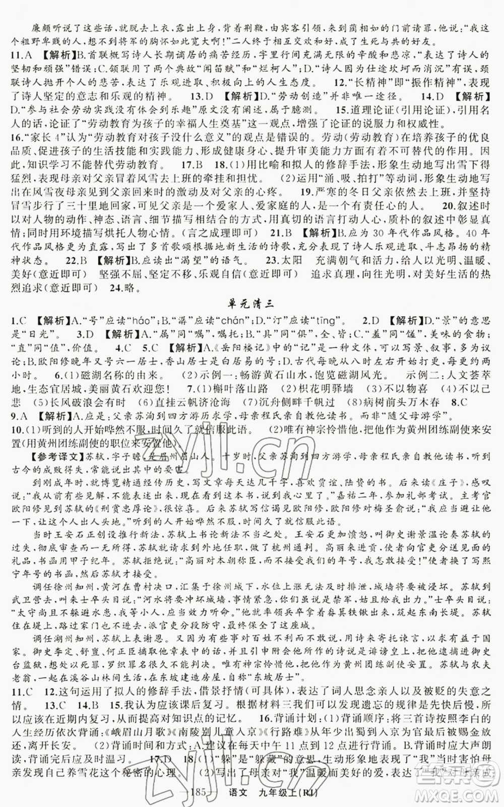 新疆青少年出版社2022四清導(dǎo)航九年級(jí)上冊(cè)語(yǔ)文人教版參考答案