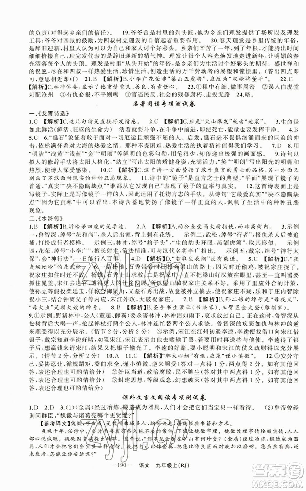 新疆青少年出版社2022四清導(dǎo)航九年級(jí)上冊(cè)語(yǔ)文人教版參考答案