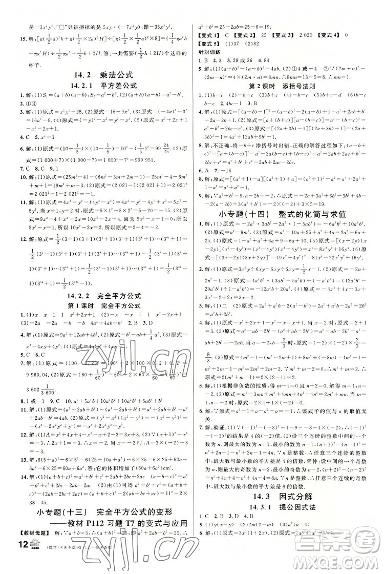 開明出版社2022名校課堂數(shù)學(xué)八年級上冊RJ人教版河南專版答案