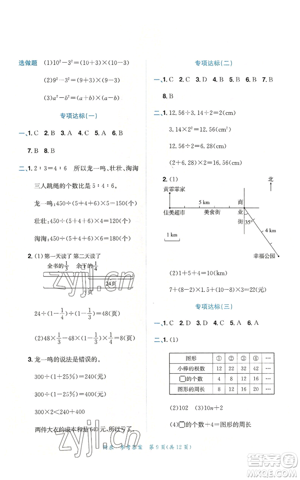 龍門書局2022秋季黃岡小狀元達(dá)標(biāo)卷六年級(jí)上冊(cè)數(shù)學(xué)人教版參考答案