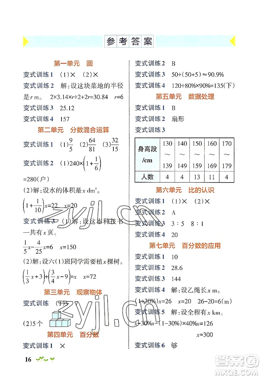 遼寧教育出版社2022PASS小學(xué)學(xué)霸作業(yè)本六年級數(shù)學(xué)上冊BS北師版答案