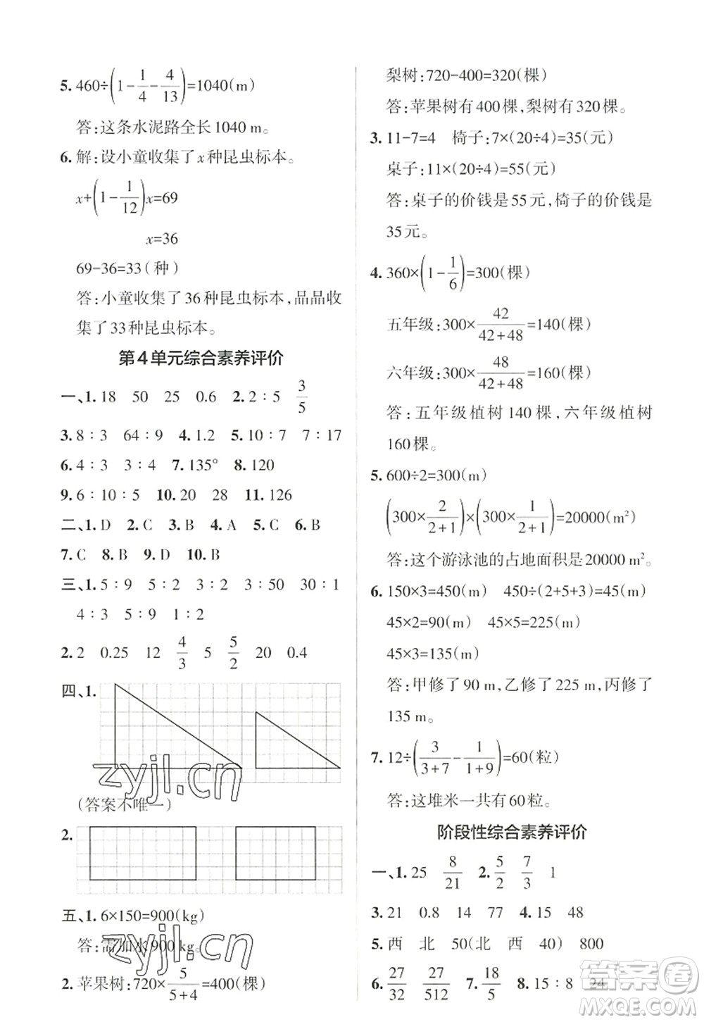 陜西師范大學出版總社2022PASS小學學霸作業(yè)本六年級數(shù)學上冊RJ人教版廣東專版答案