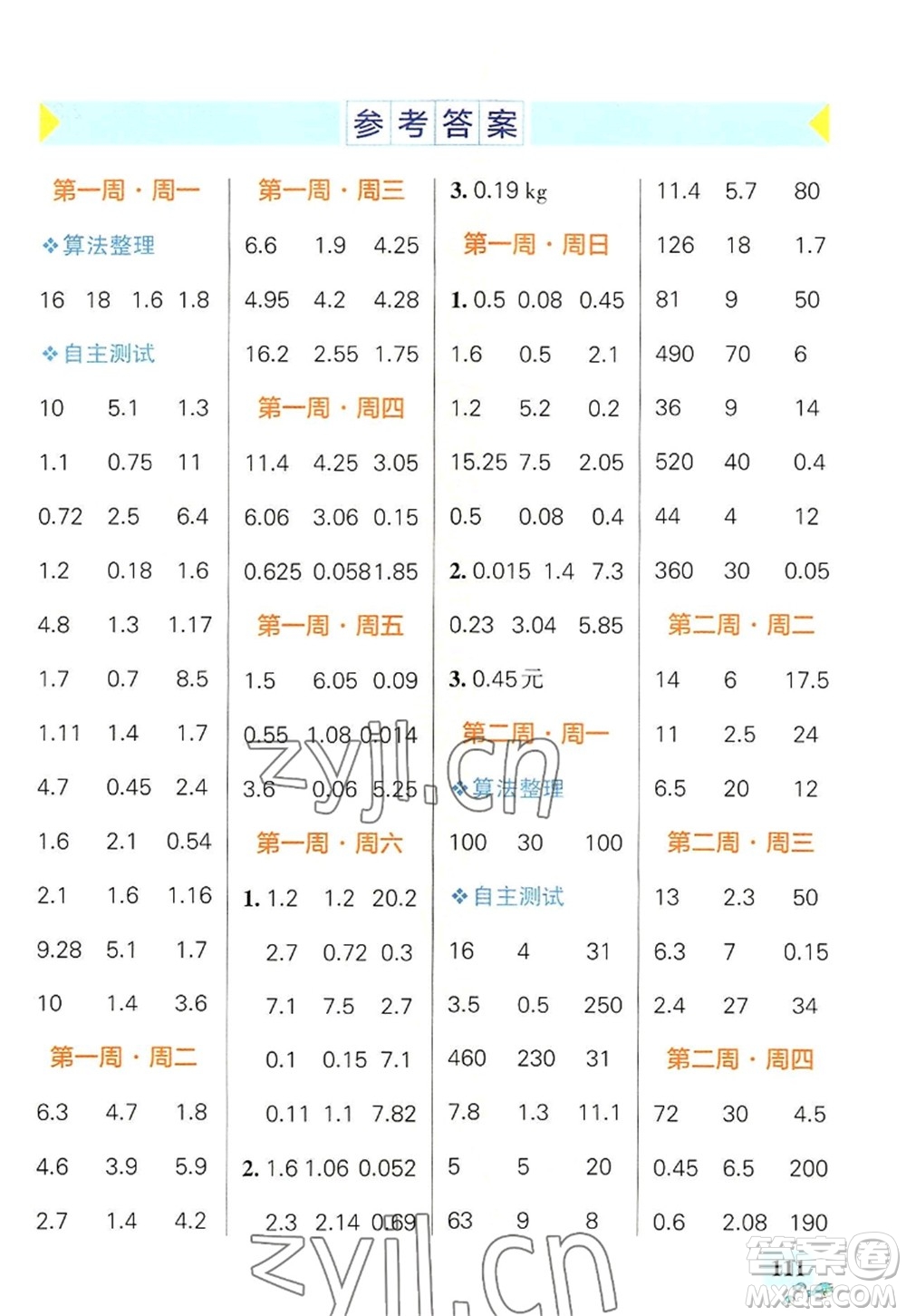 遼寧教育出版社2022PASS小學(xué)學(xué)霸天天計算五年級數(shù)學(xué)上冊BS北師版答案