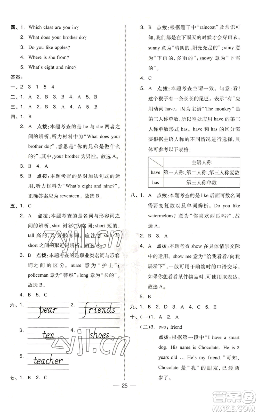 吉林教育出版社2022秋季綜合應(yīng)用創(chuàng)新題典中點三年級起點四年級上冊英語人教精通版參考答案