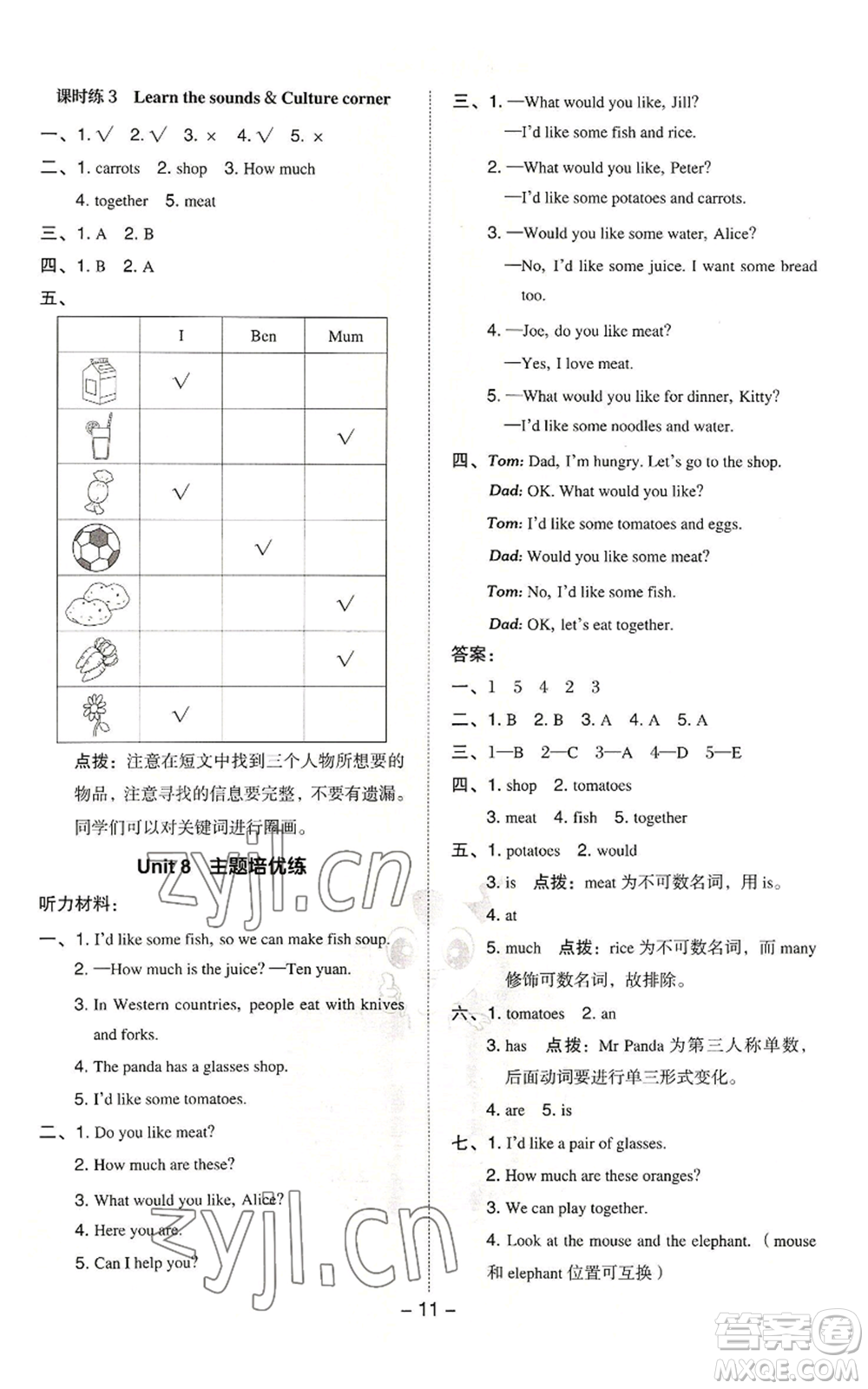 陜西人民教育出版社2022秋季綜合應(yīng)用創(chuàng)新題典中點(diǎn)三年級(jí)起點(diǎn)四年級(jí)上冊(cè)英語滬教版參考答案