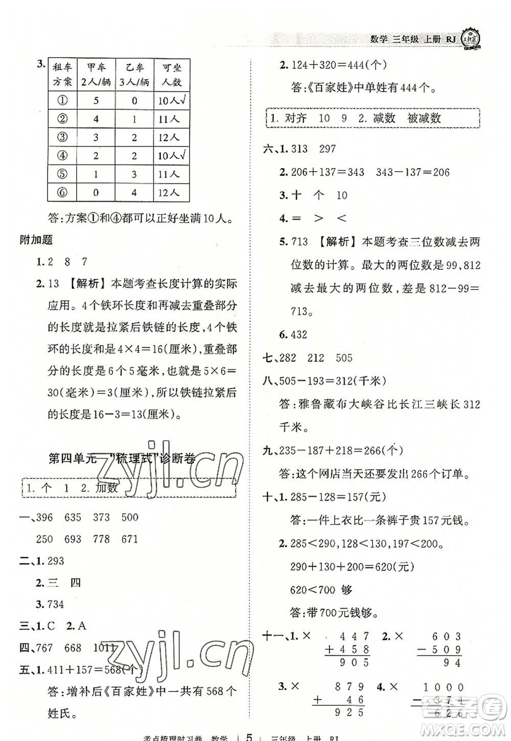 江西人民出版社2022王朝霞考點梳理時習(xí)卷三年級數(shù)學(xué)上冊RJ人教版答案