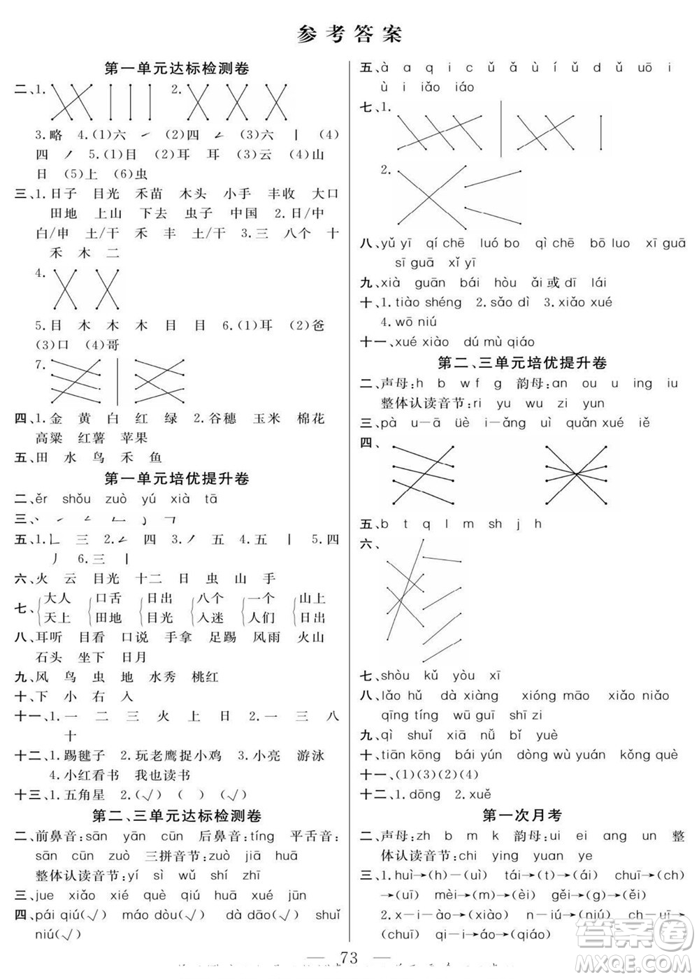 陽光出版社2022名師面對(duì)面大試卷語文一年級(jí)上冊(cè)人教版答案