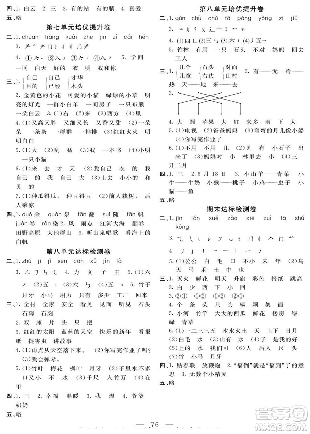 陽光出版社2022名師面對(duì)面大試卷語文一年級(jí)上冊(cè)人教版答案