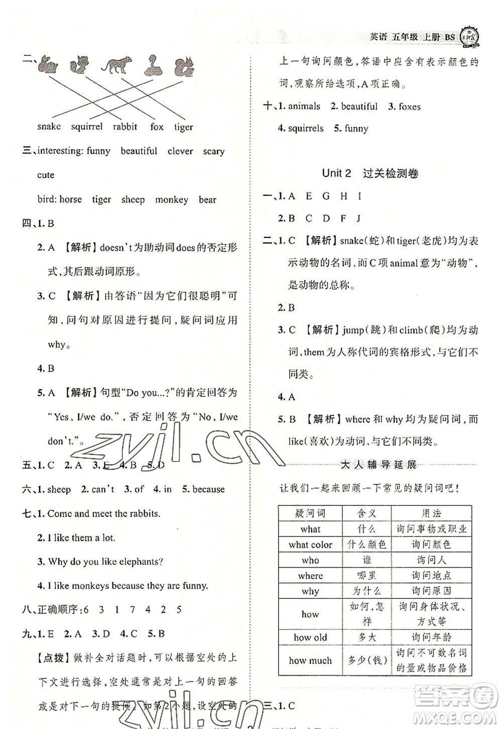 江西人民出版社2022王朝霞考點(diǎn)梳理時(shí)習(xí)卷五年級(jí)英語上冊(cè)BS北師版答案