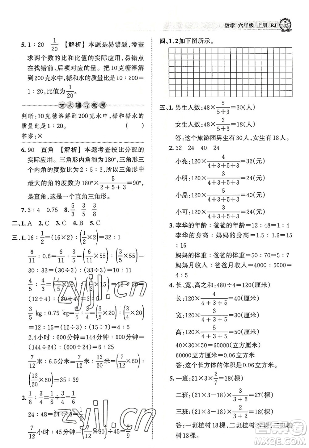江西人民出版社2022王朝霞考點(diǎn)梳理時(shí)習(xí)卷六年級(jí)數(shù)學(xué)上冊(cè)RJ人教版答案