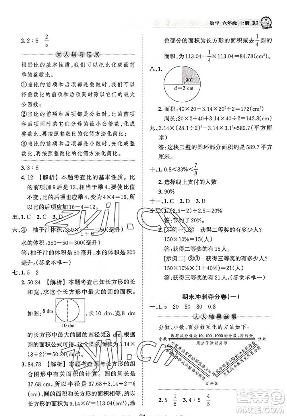 江西人民出版社2022王朝霞考點(diǎn)梳理時(shí)習(xí)卷六年級(jí)數(shù)學(xué)上冊(cè)RJ人教版答案
