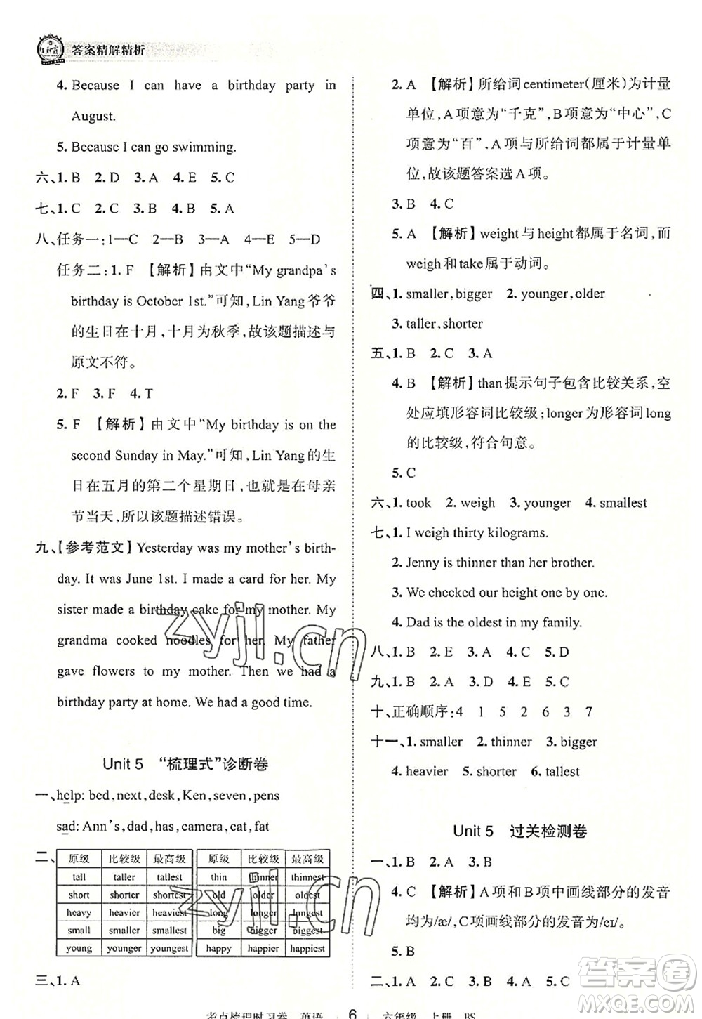 江西人民出版社2022王朝霞考點(diǎn)梳理時(shí)習(xí)卷六年級英語上冊BS北師版答案