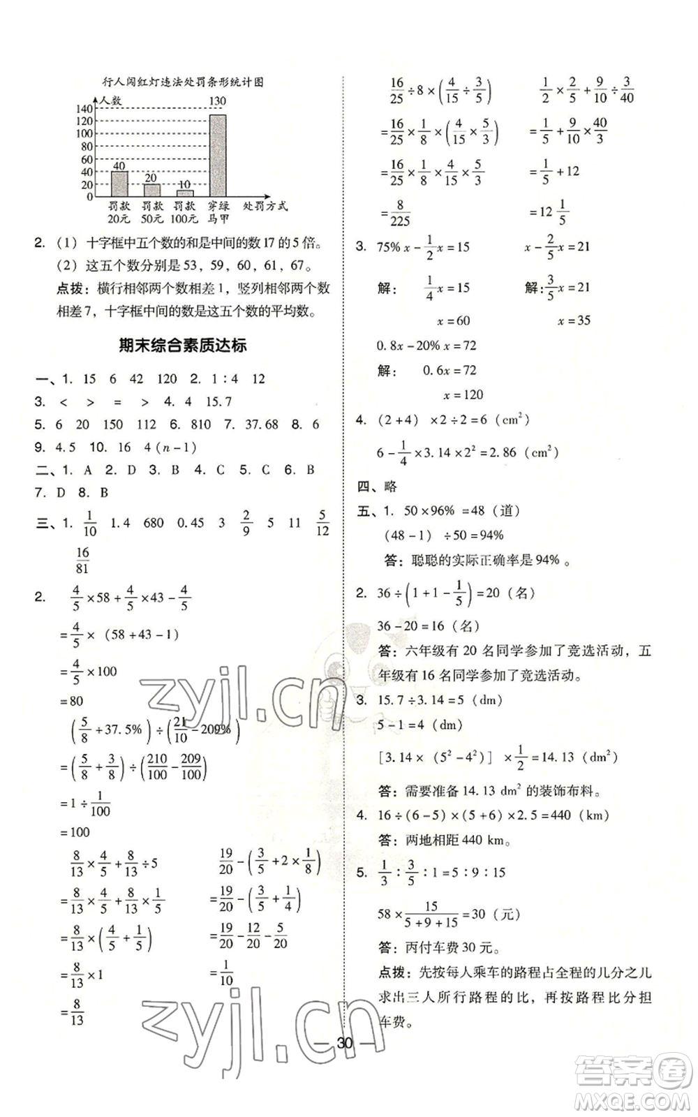 吉林教育出版社2022秋季綜合應用創(chuàng)新題典中點六年級上冊數(shù)學人教版參考答案