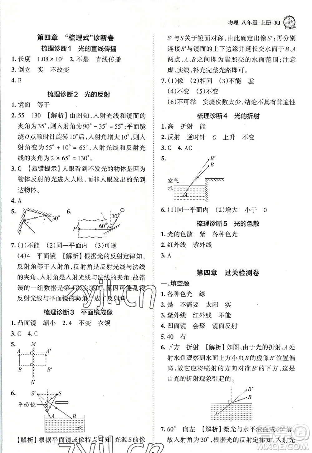 江西人民出版社2022王朝霞考點梳理時習(xí)卷八年級物理上冊RJ人教版答案