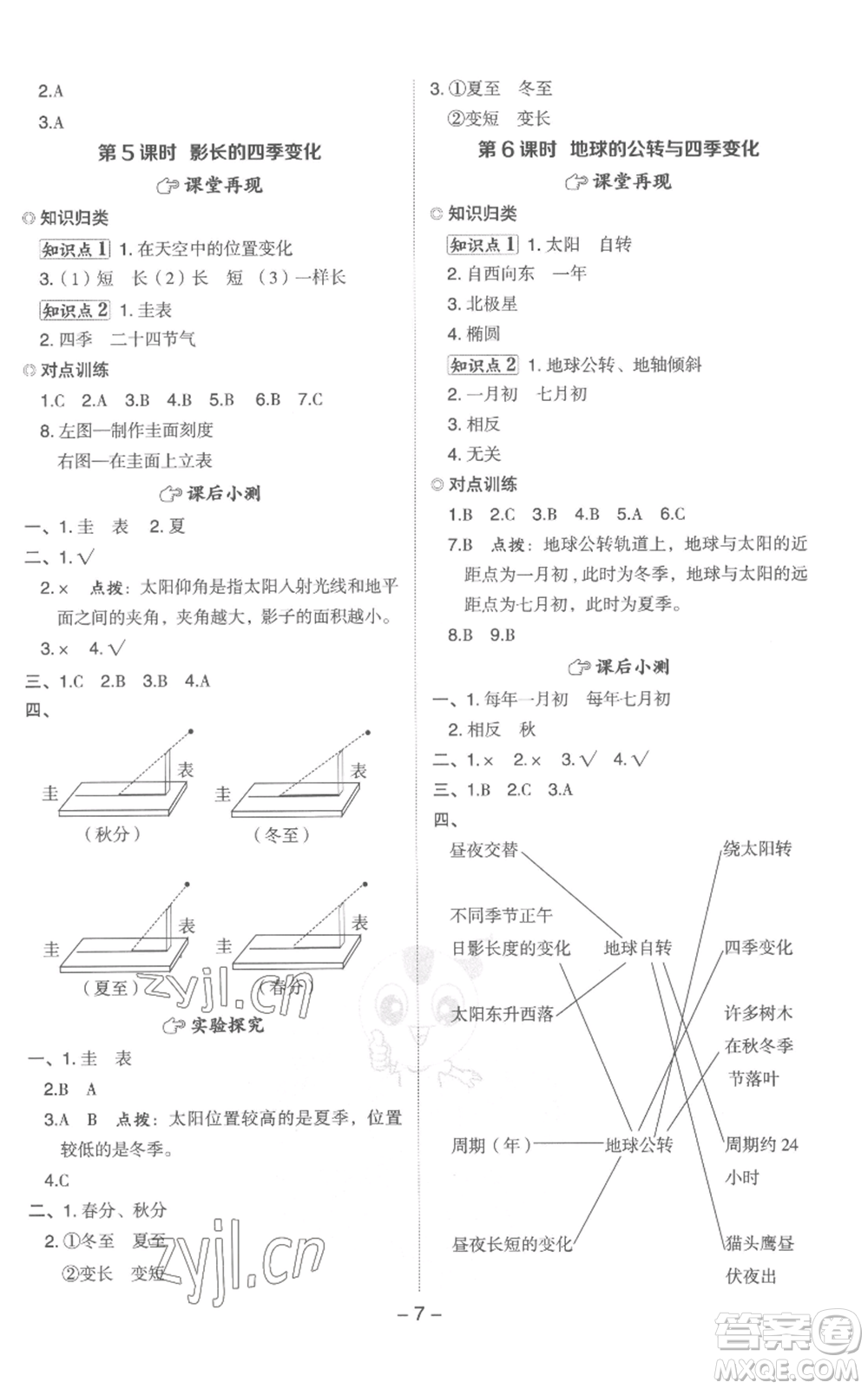 山西教育出版社2022秋季綜合應(yīng)用創(chuàng)新題典中點六年級上冊科學(xué)教科版參考答案