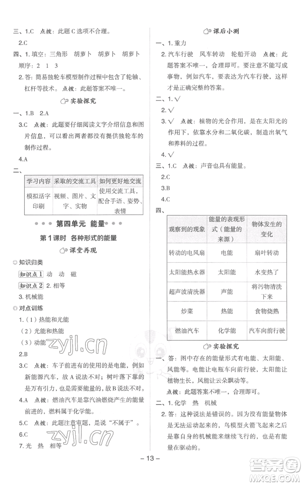 山西教育出版社2022秋季綜合應(yīng)用創(chuàng)新題典中點六年級上冊科學(xué)教科版參考答案