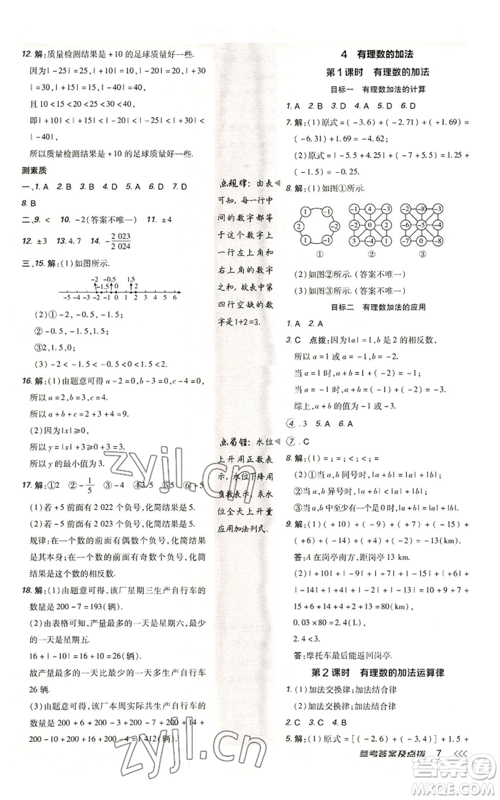 陜西人民教育出版社2022秋季綜合應(yīng)用創(chuàng)新題典中點(diǎn)提分練習(xí)冊七年級(jí)上冊數(shù)學(xué)北師大版參考答案