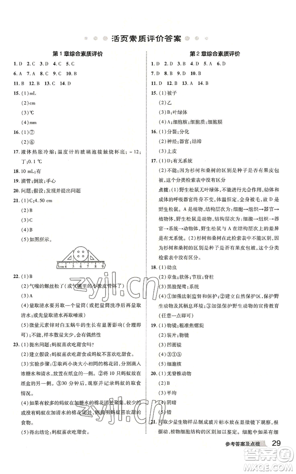 陜西人民教育出版社2022秋季綜合應用創(chuàng)新題典中點提分練習冊七年級上冊科學浙教版A本參考答案