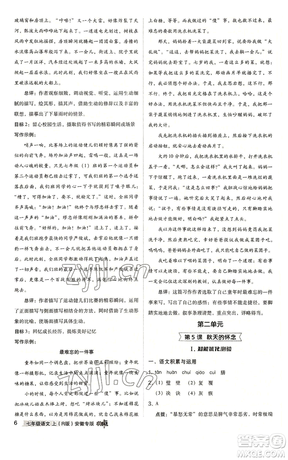 吉林教育出版社2022秋季綜合應用創(chuàng)新題典中點提分練習冊七年級上冊語文人教版安徽專版參考答案