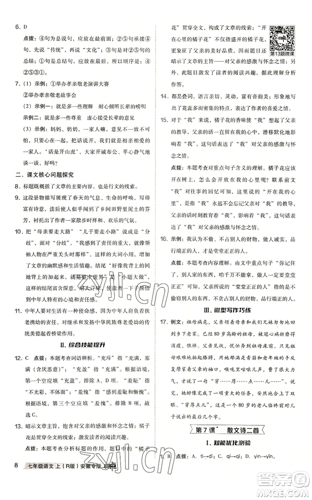 吉林教育出版社2022秋季綜合應用創(chuàng)新題典中點提分練習冊七年級上冊語文人教版安徽專版參考答案
