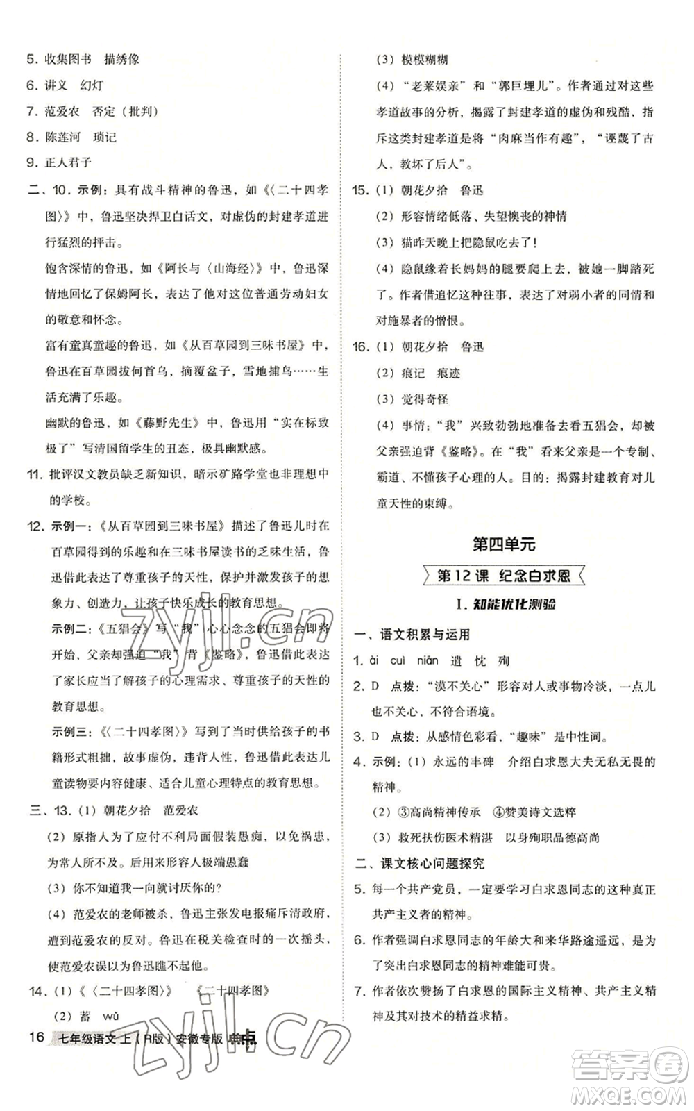 吉林教育出版社2022秋季綜合應用創(chuàng)新題典中點提分練習冊七年級上冊語文人教版安徽專版參考答案