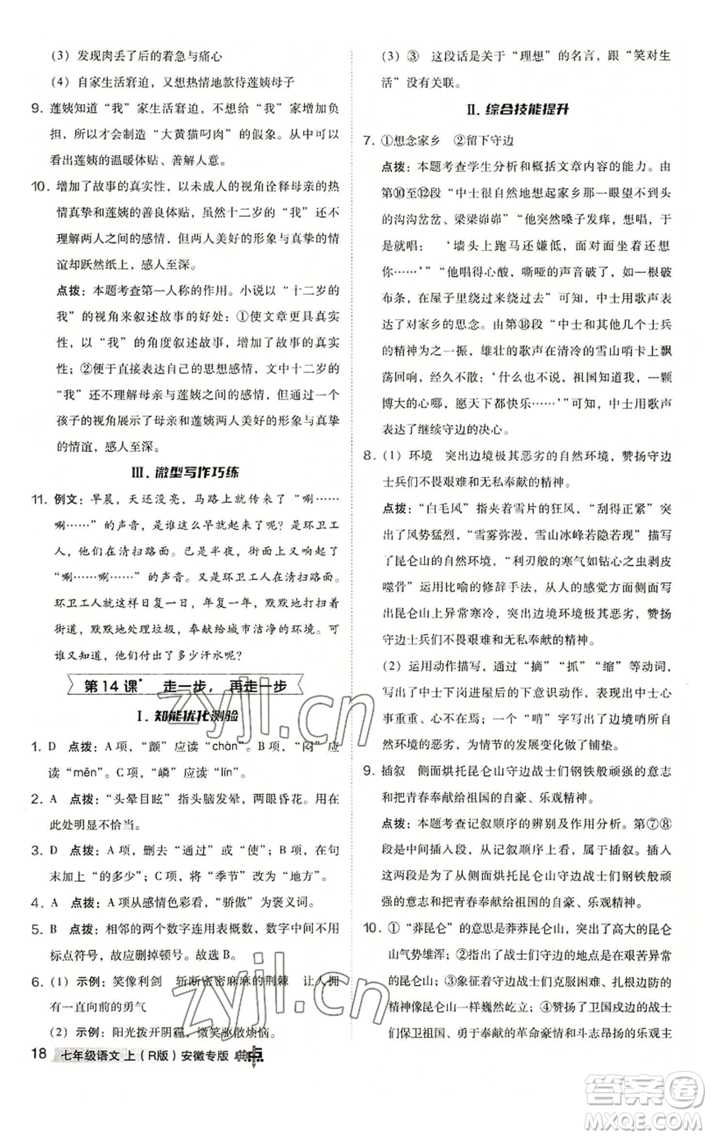 吉林教育出版社2022秋季綜合應用創(chuàng)新題典中點提分練習冊七年級上冊語文人教版安徽專版參考答案