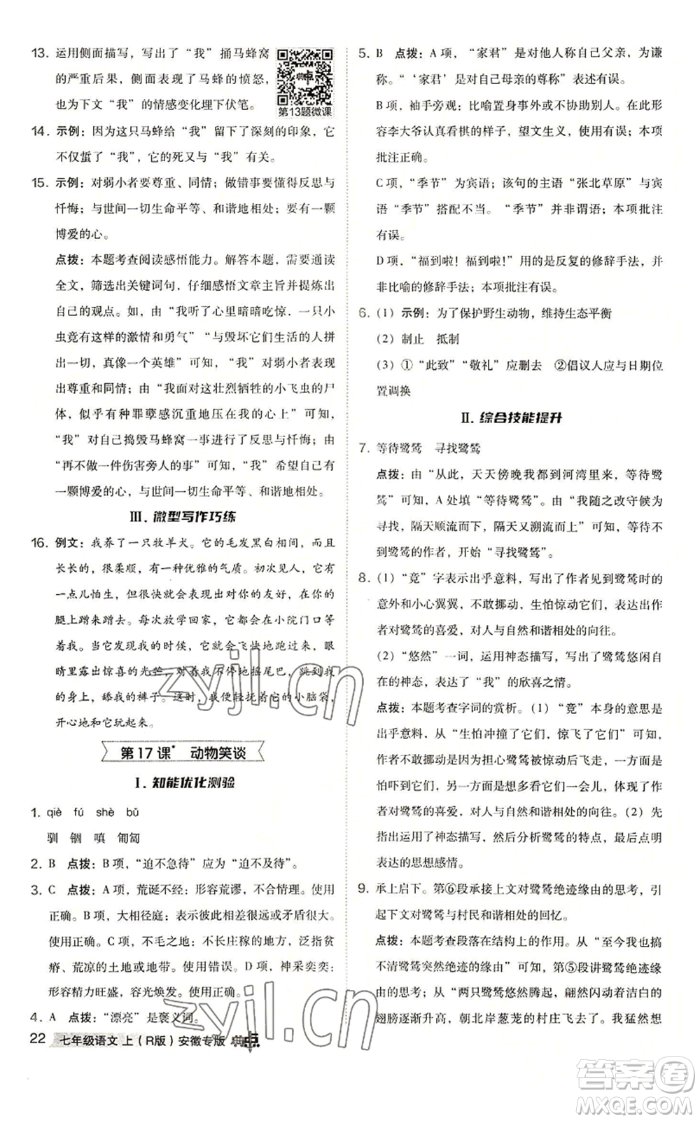 吉林教育出版社2022秋季綜合應用創(chuàng)新題典中點提分練習冊七年級上冊語文人教版安徽專版參考答案