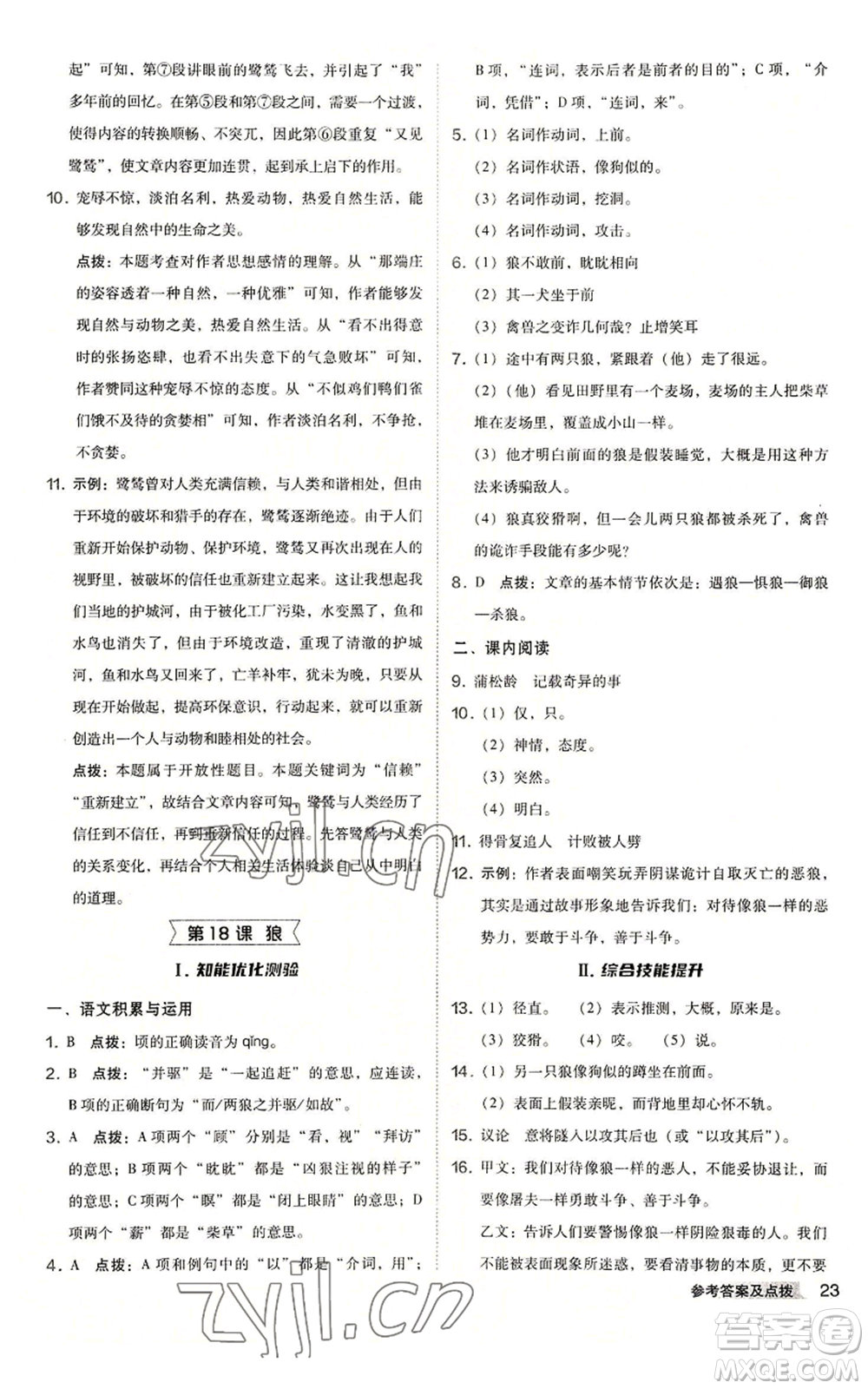 吉林教育出版社2022秋季綜合應用創(chuàng)新題典中點提分練習冊七年級上冊語文人教版安徽專版參考答案