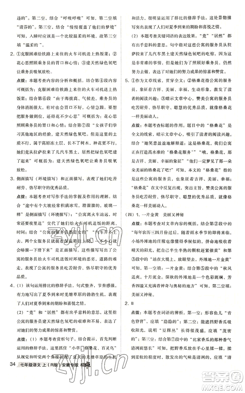 吉林教育出版社2022秋季綜合應用創(chuàng)新題典中點提分練習冊七年級上冊語文人教版安徽專版參考答案