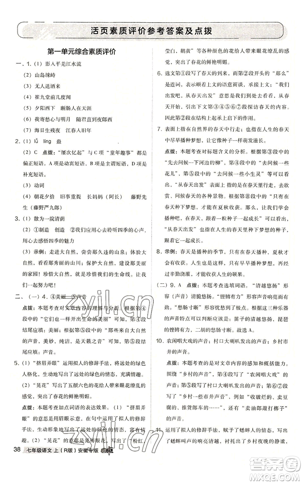 吉林教育出版社2022秋季綜合應用創(chuàng)新題典中點提分練習冊七年級上冊語文人教版安徽專版參考答案
