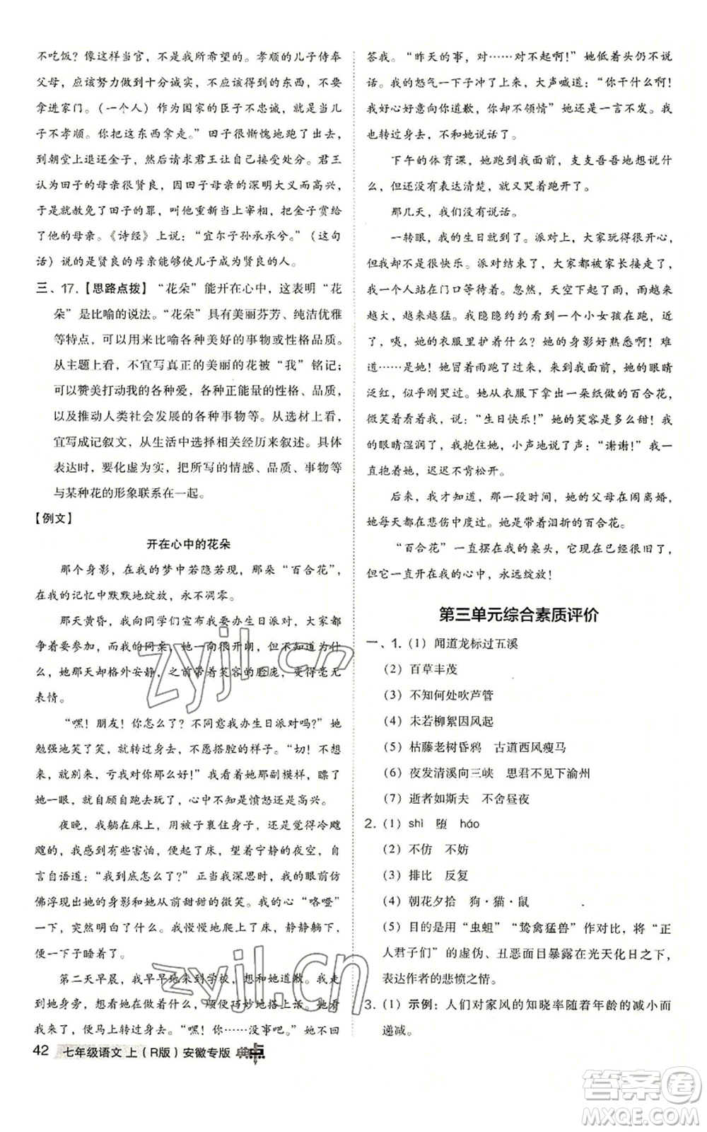 吉林教育出版社2022秋季綜合應用創(chuàng)新題典中點提分練習冊七年級上冊語文人教版安徽專版參考答案