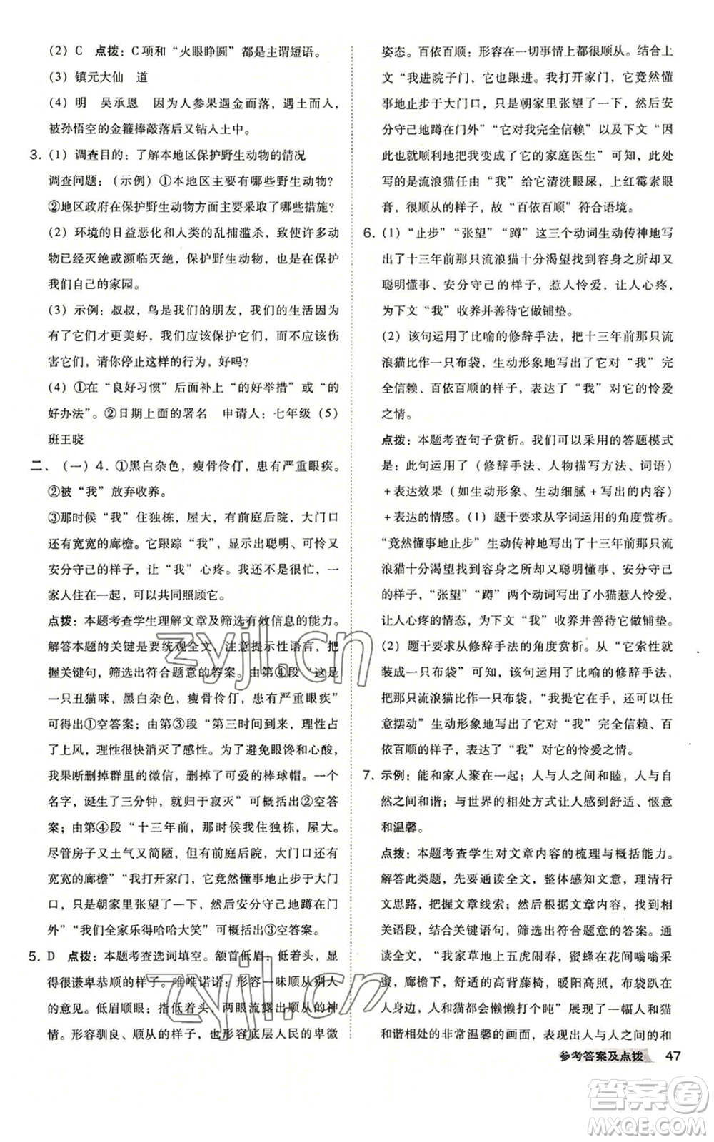 吉林教育出版社2022秋季綜合應用創(chuàng)新題典中點提分練習冊七年級上冊語文人教版安徽專版參考答案