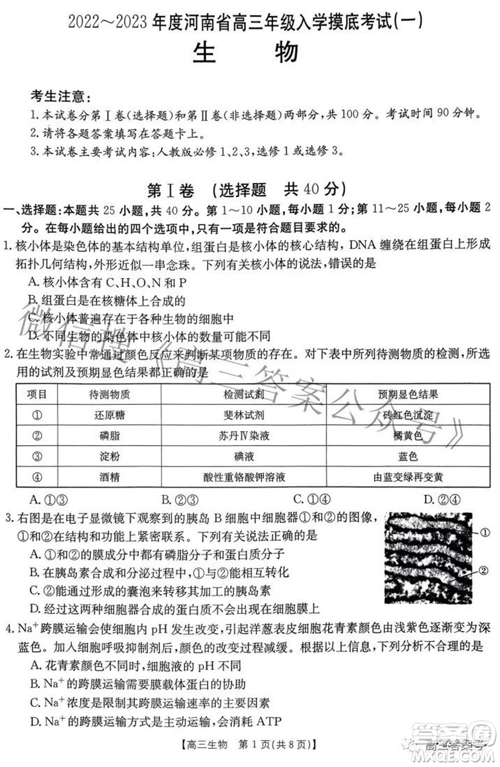 2022-2023年度河南省高三年級入學摸底考試一生物試題及答案