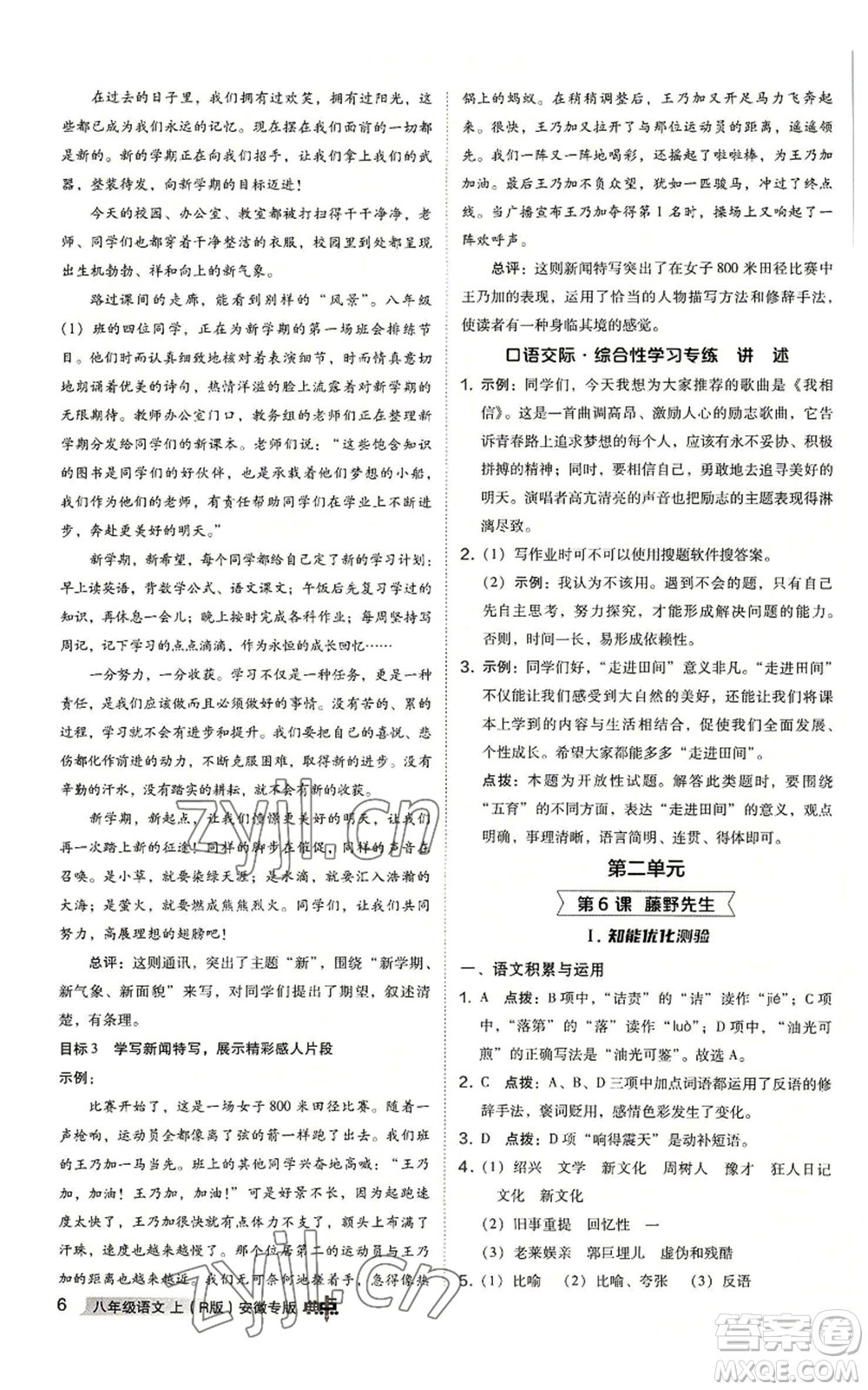 吉林教育出版社2022秋季綜合應(yīng)用創(chuàng)新題典中點提分練習(xí)冊八年級上冊語文人教版安徽專版參考答案