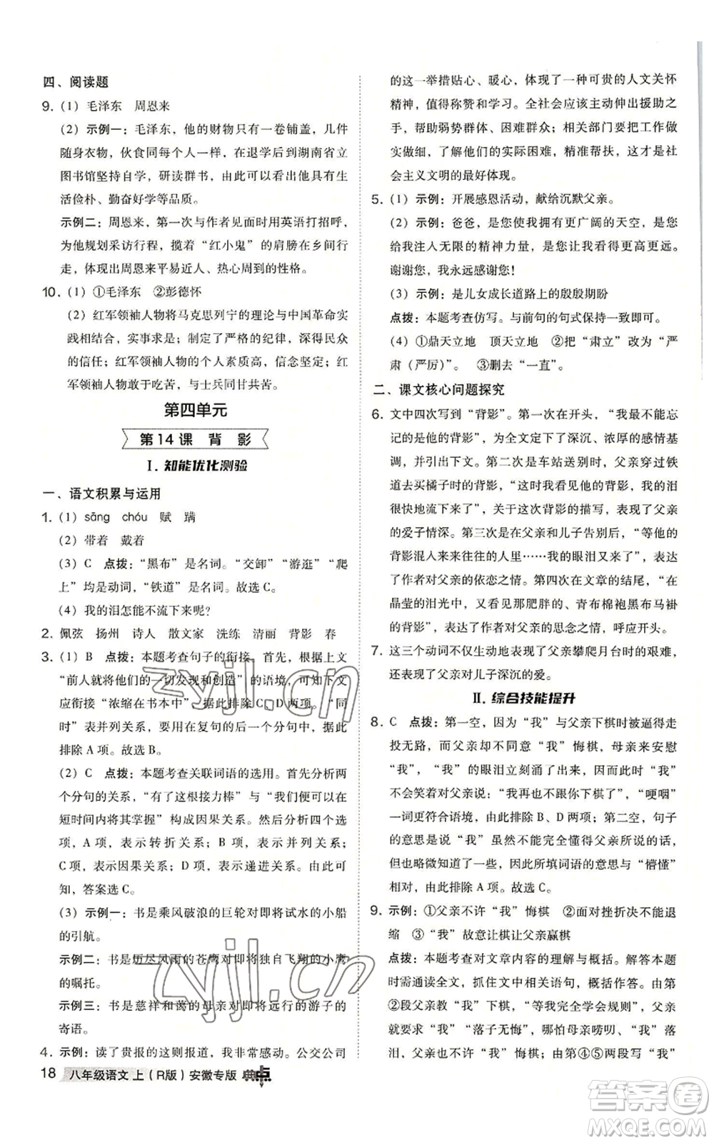 吉林教育出版社2022秋季綜合應(yīng)用創(chuàng)新題典中點提分練習(xí)冊八年級上冊語文人教版安徽專版參考答案