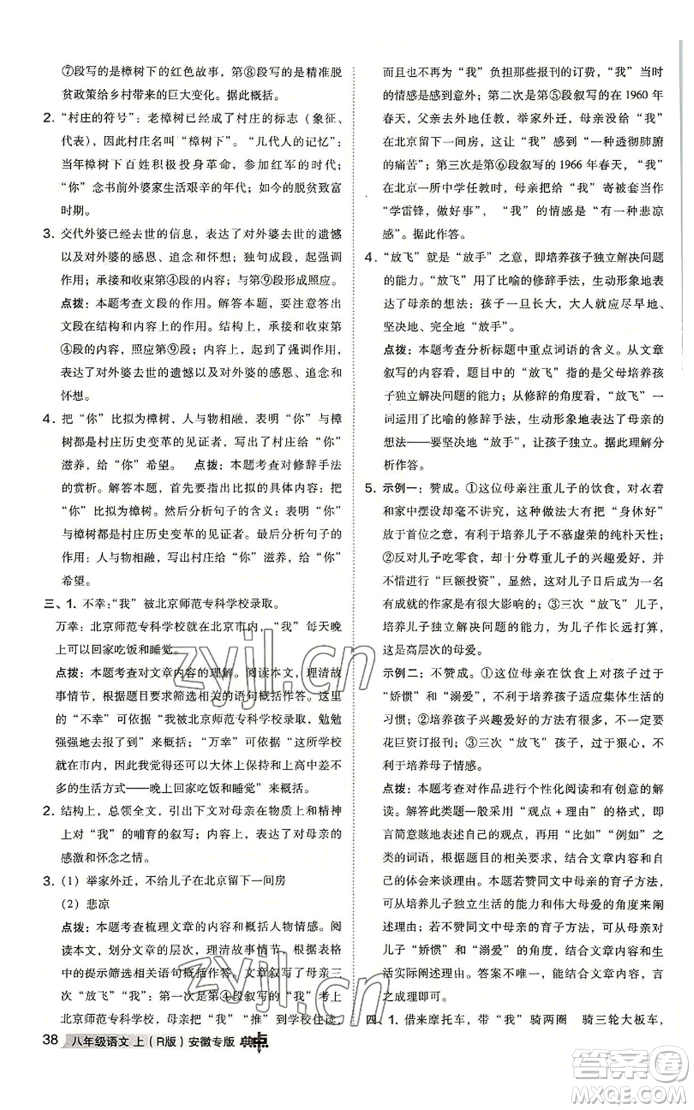 吉林教育出版社2022秋季綜合應(yīng)用創(chuàng)新題典中點提分練習(xí)冊八年級上冊語文人教版安徽專版參考答案