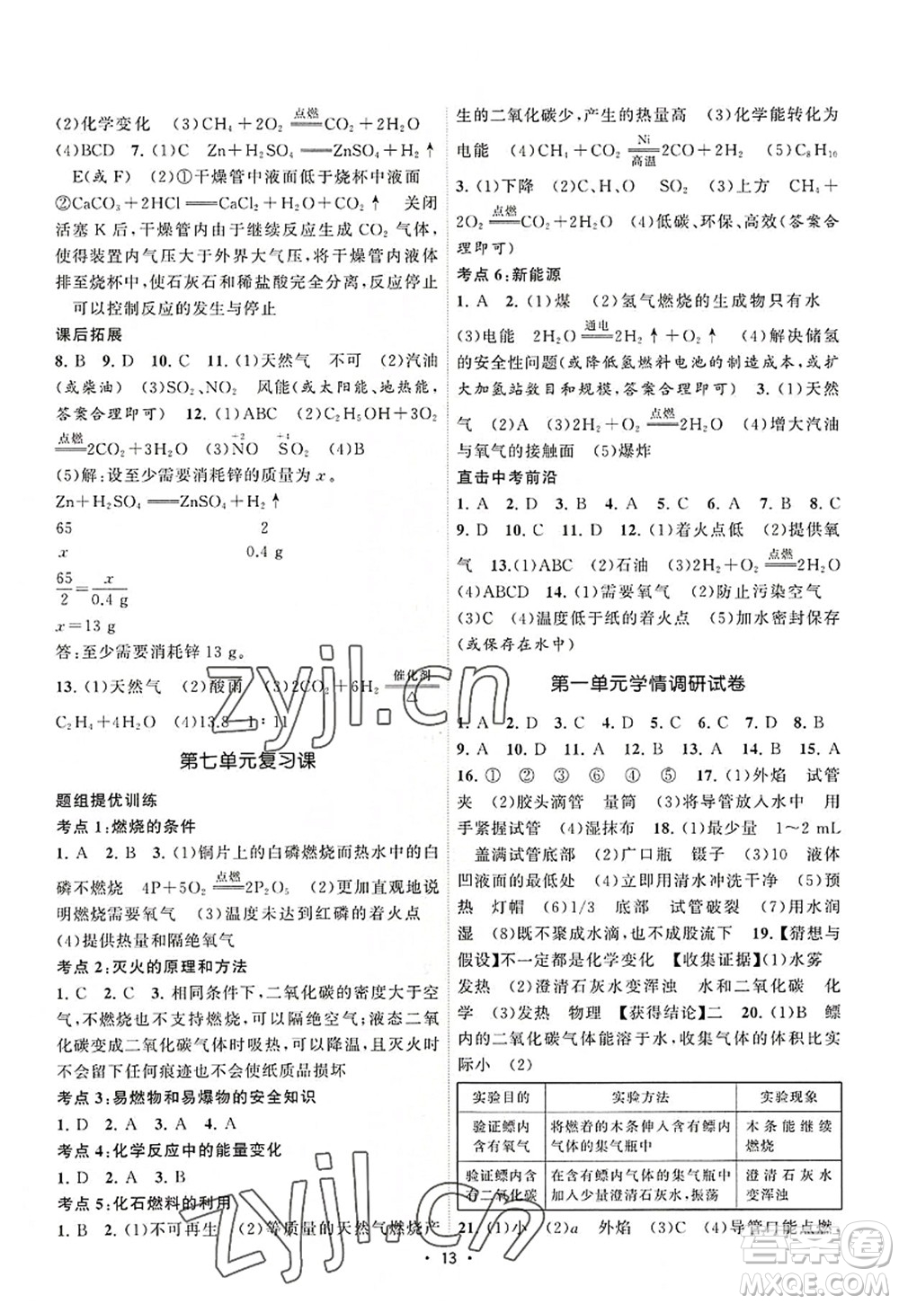 江蘇人民出版社2022課時提優(yōu)計劃作業(yè)本九年級化學(xué)上冊RJ人教版答案