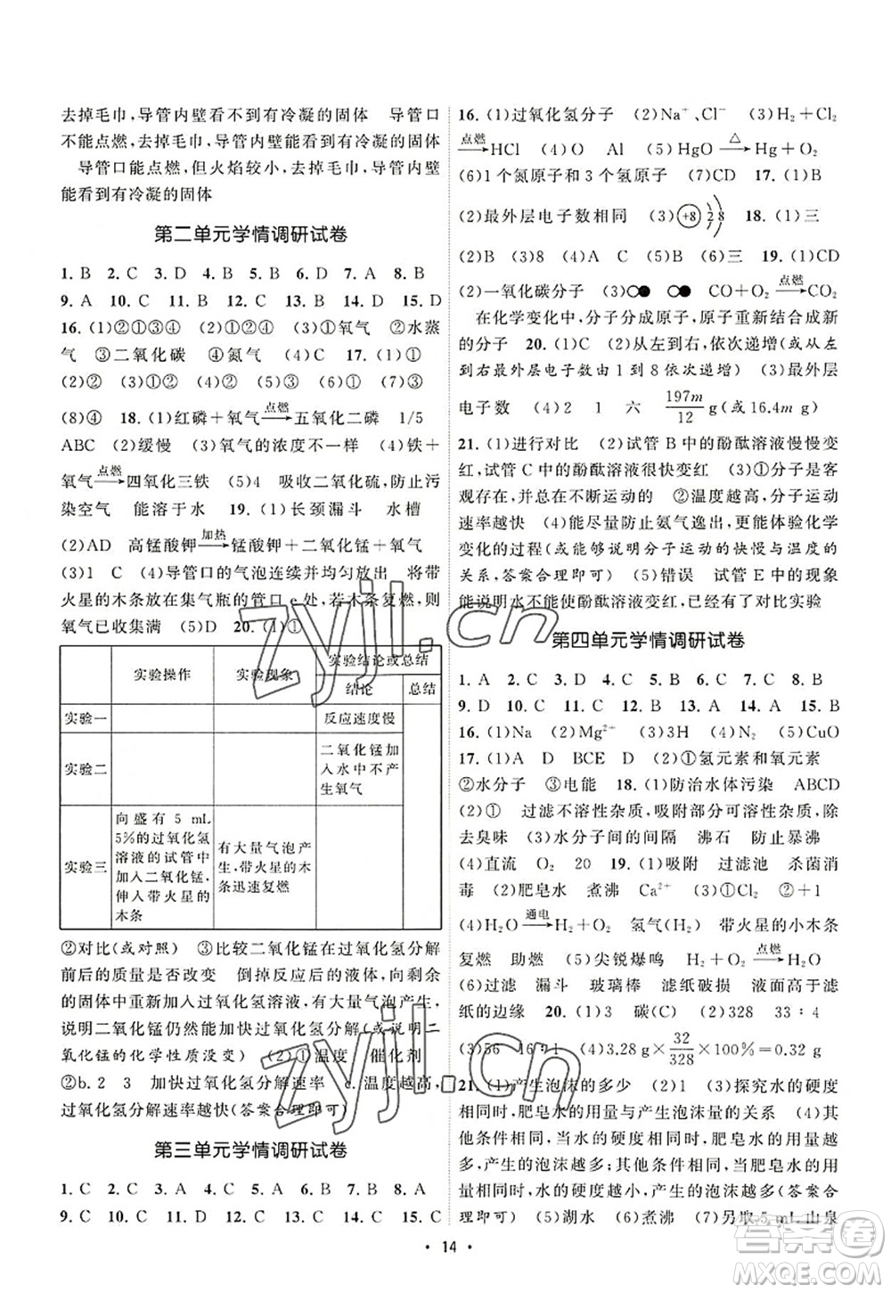 江蘇人民出版社2022課時提優(yōu)計劃作業(yè)本九年級化學(xué)上冊RJ人教版答案