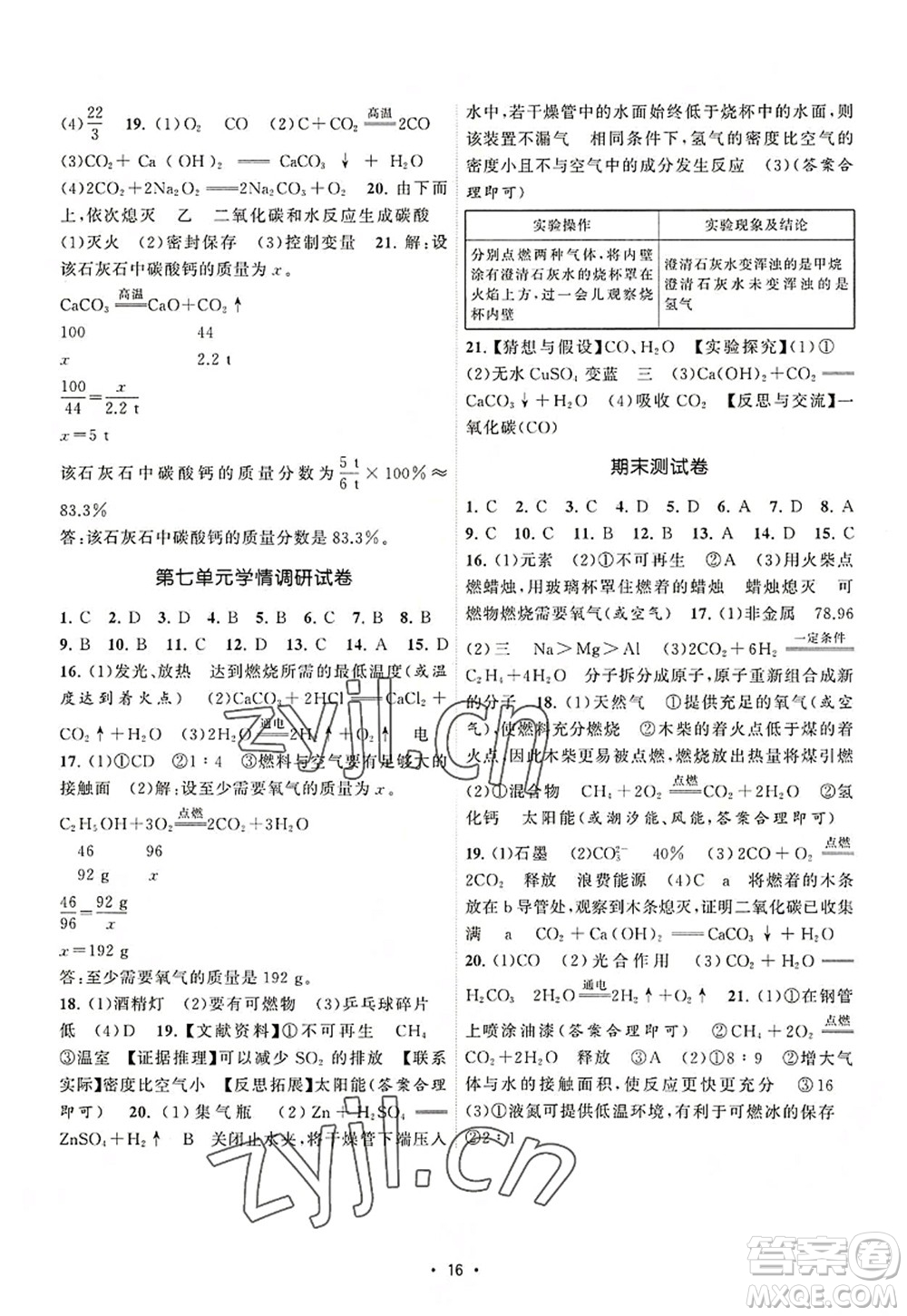 江蘇人民出版社2022課時提優(yōu)計劃作業(yè)本九年級化學(xué)上冊RJ人教版答案