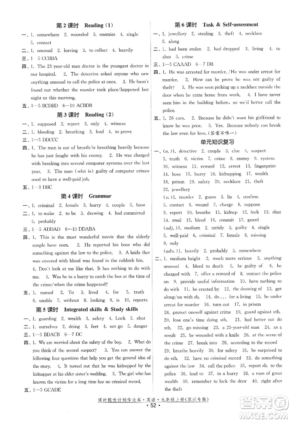 福建人民出版社2022課時(shí)提優(yōu)計(jì)劃作業(yè)本九年級(jí)英語上冊(cè)譯林版蘇州專版答案