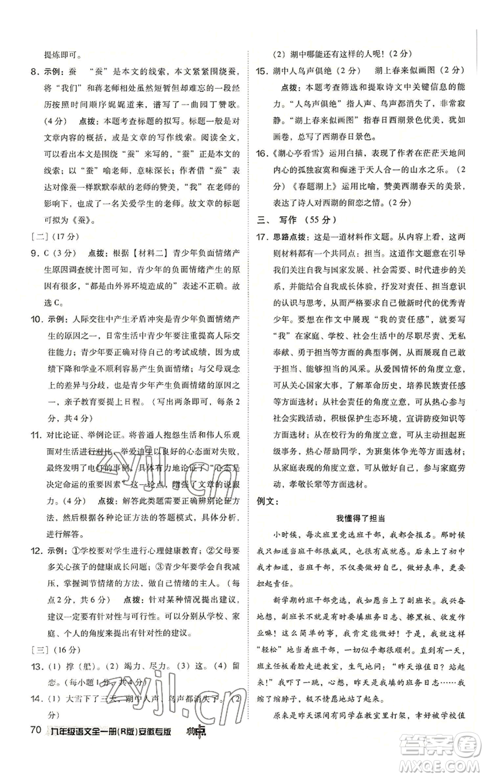 吉林教育出版社2022秋季綜合應(yīng)用創(chuàng)新題典中點(diǎn)提分練習(xí)冊九年級語文人教版安徽專版參考答案
