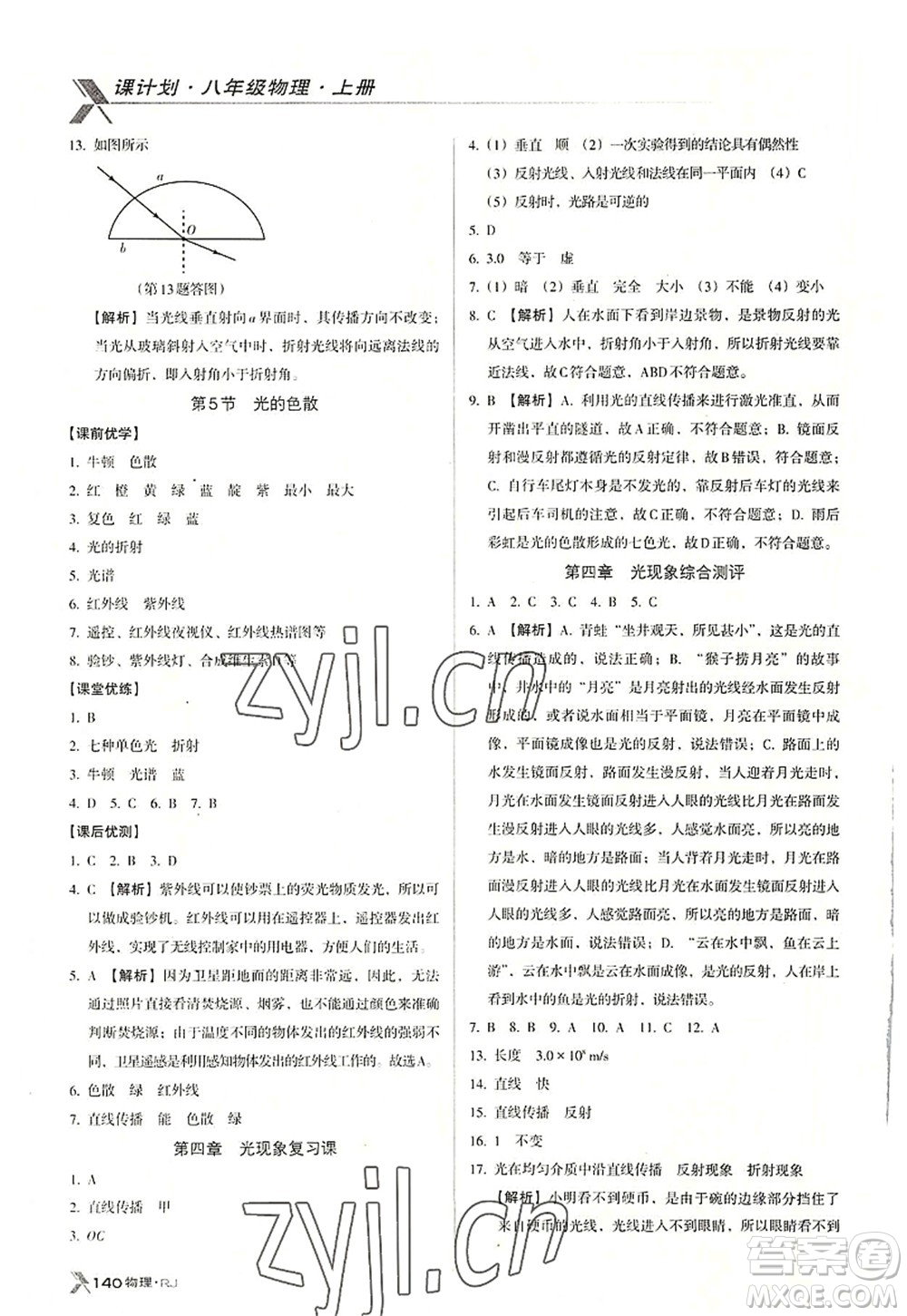 廣東經(jīng)濟(jì)出版社2022全優(yōu)點練課計劃八年級物理上冊RJ人教版答案