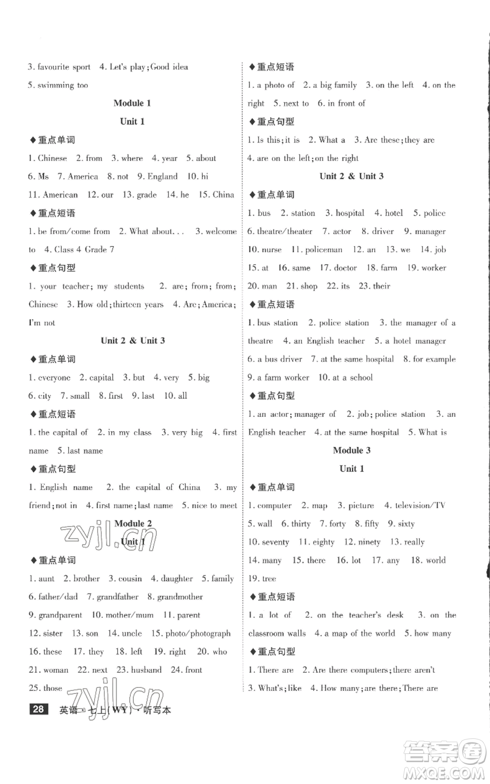 安徽師范大學(xué)出版社2022秋季課時(shí)A計(jì)劃七年級(jí)上冊(cè)英語外研版參考答案