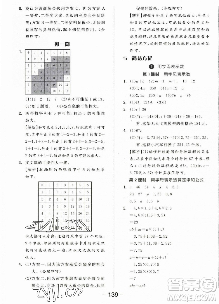 開明出版社2022全品學(xué)練考數(shù)學(xué)五年級上冊人教版答案