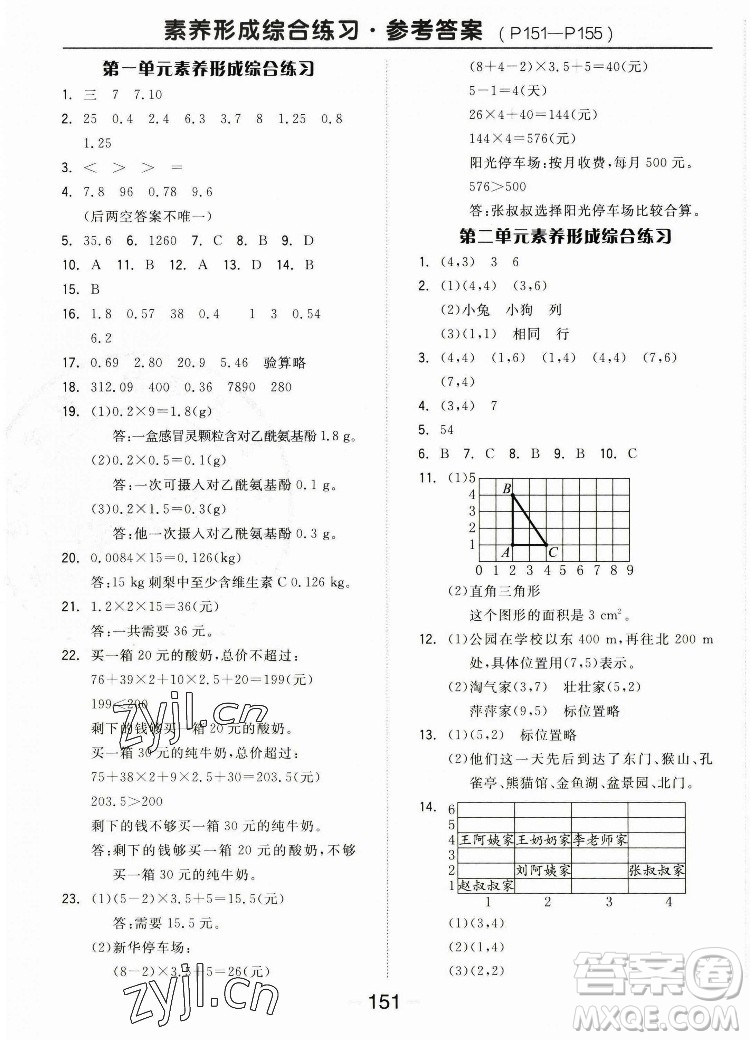 開明出版社2022全品學(xué)練考數(shù)學(xué)五年級上冊人教版答案